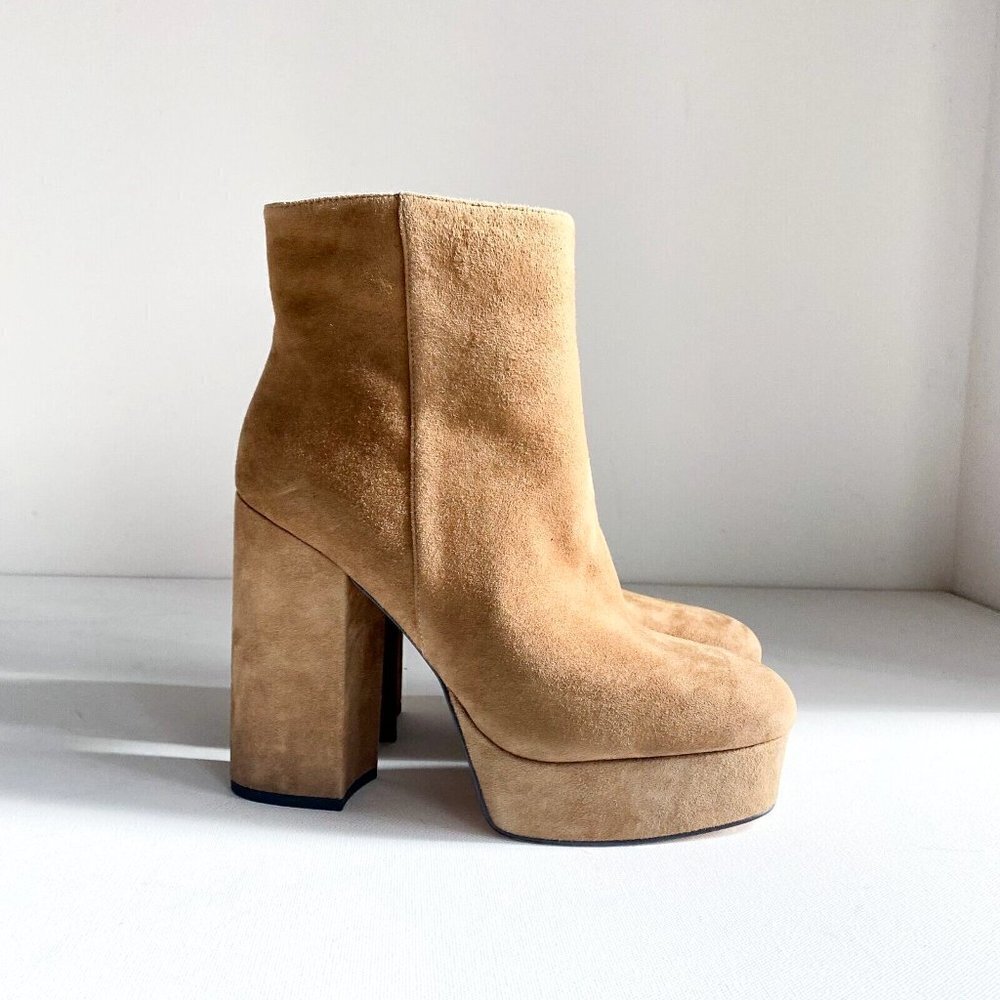 COACH Women's Iona Suede Platform High Block Heel Booties Boots Light Brown 9